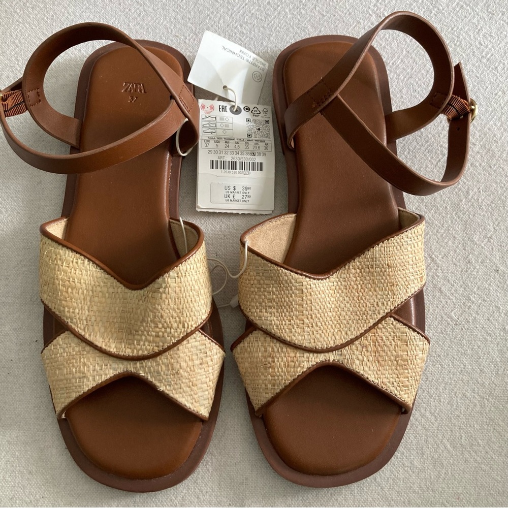 Zara Natural Raffia Ankle-Strap Sandals
